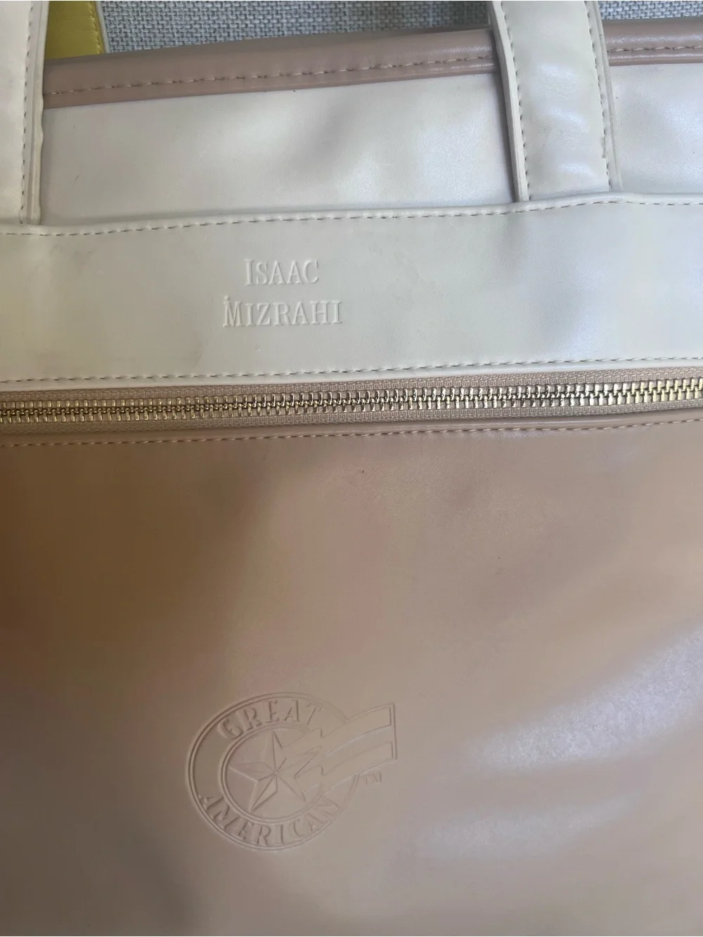 Isaac Mizrahi Cream & Yellow Leather Tote with Removable Computer Sleeve